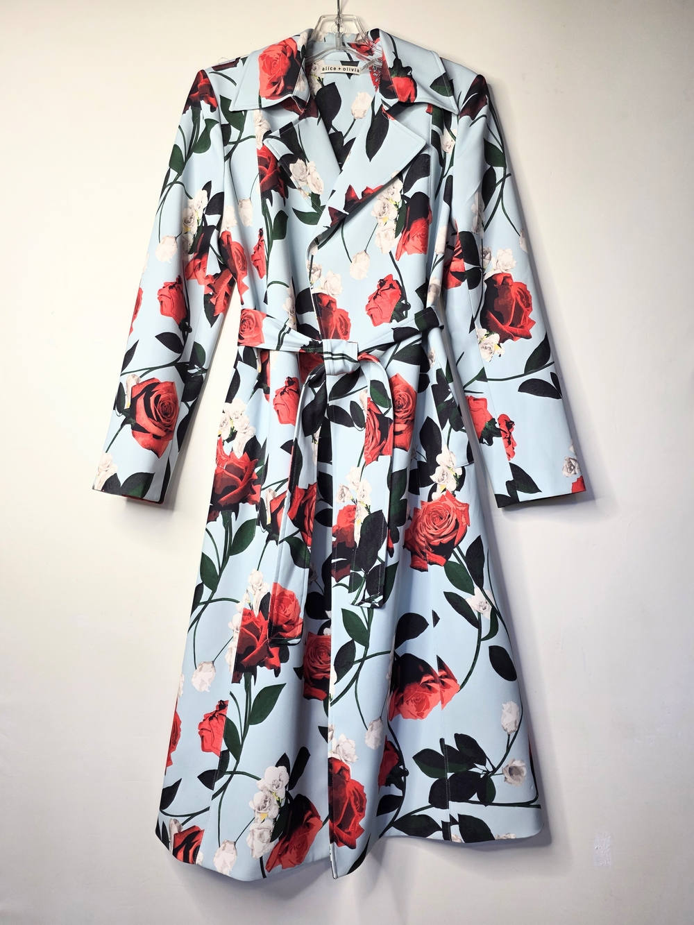 ALICE +OLIVIA Rolanda Light Blue Floral Belted Long Sleeve Coat